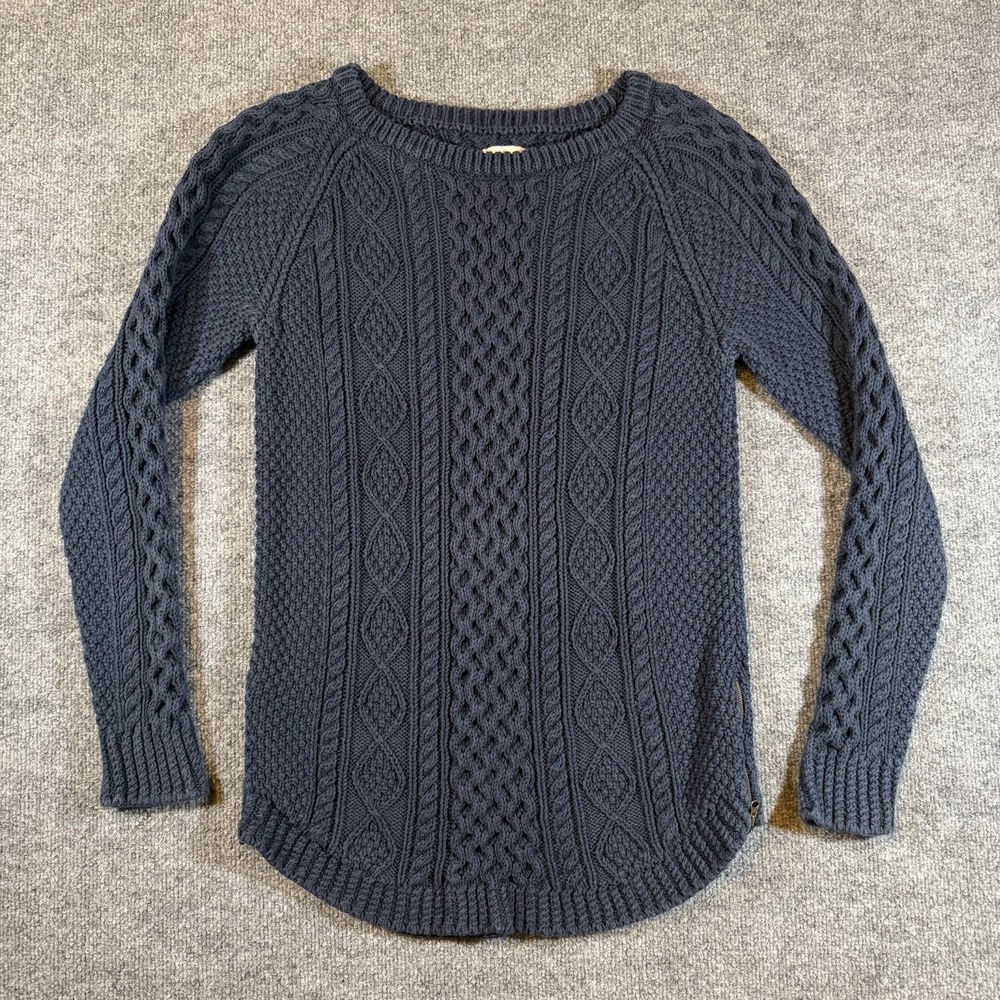 LL Bean Signature Blue Cable Knit Fisherman Sweater Side Zip‎ Cotton Womens M